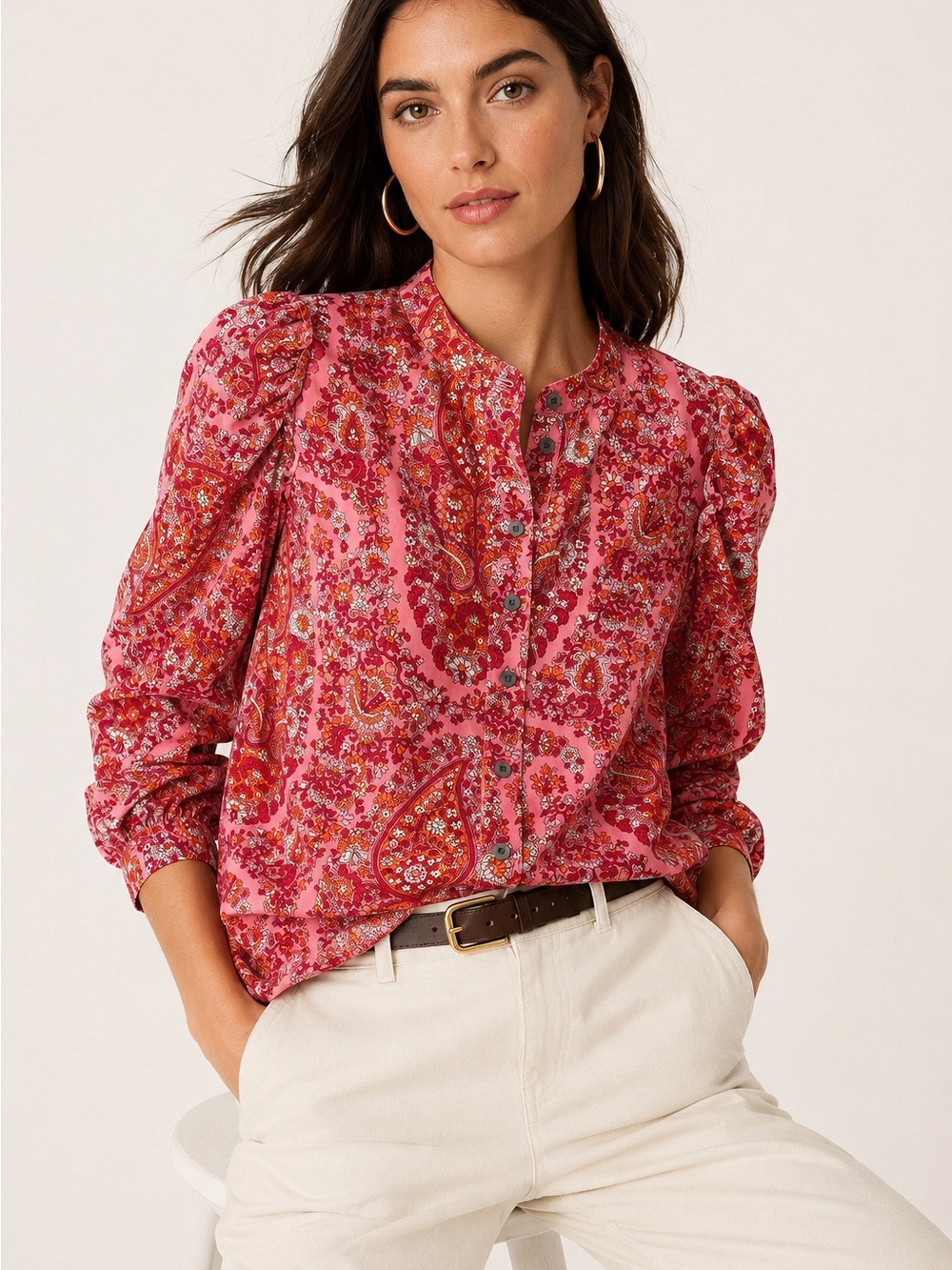 J.Crew Pink Paisley Floral Shirt Cotton Puff Sleeve Blouse Size M Boho Top Fall